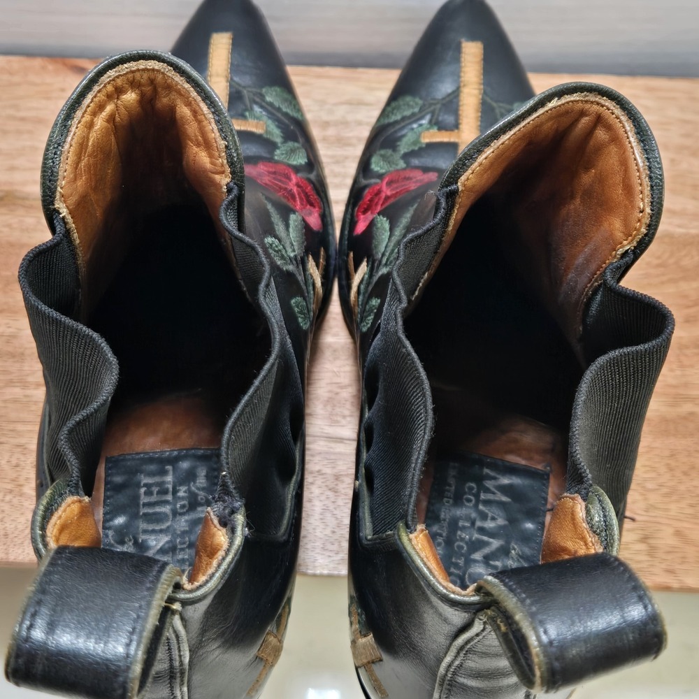 Limited Edition Manuel Western Boots 7.5 Black Embroidered Roses Cross Womens - Picture 6 of 16